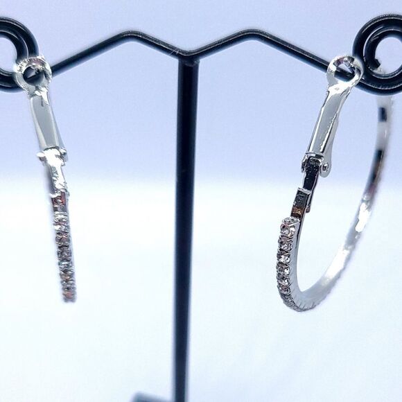 Rhinestone Pave Hoop Earrings Classic Wedding Prom Bridal Bride Jewelry Silver - Picture 4 of 6
